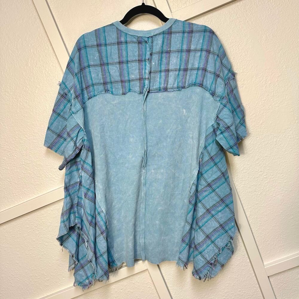 J. Her Plaid Mineral Wash Mixed Media Boho Lagenlook Top Small Oversized V-Neck - Picture 4 of 7